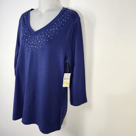 Studio Works Top Medium Blue V Neck Embellishments Beaded Stars 3/4 Sleeve NWT - Picture 6 of 11
